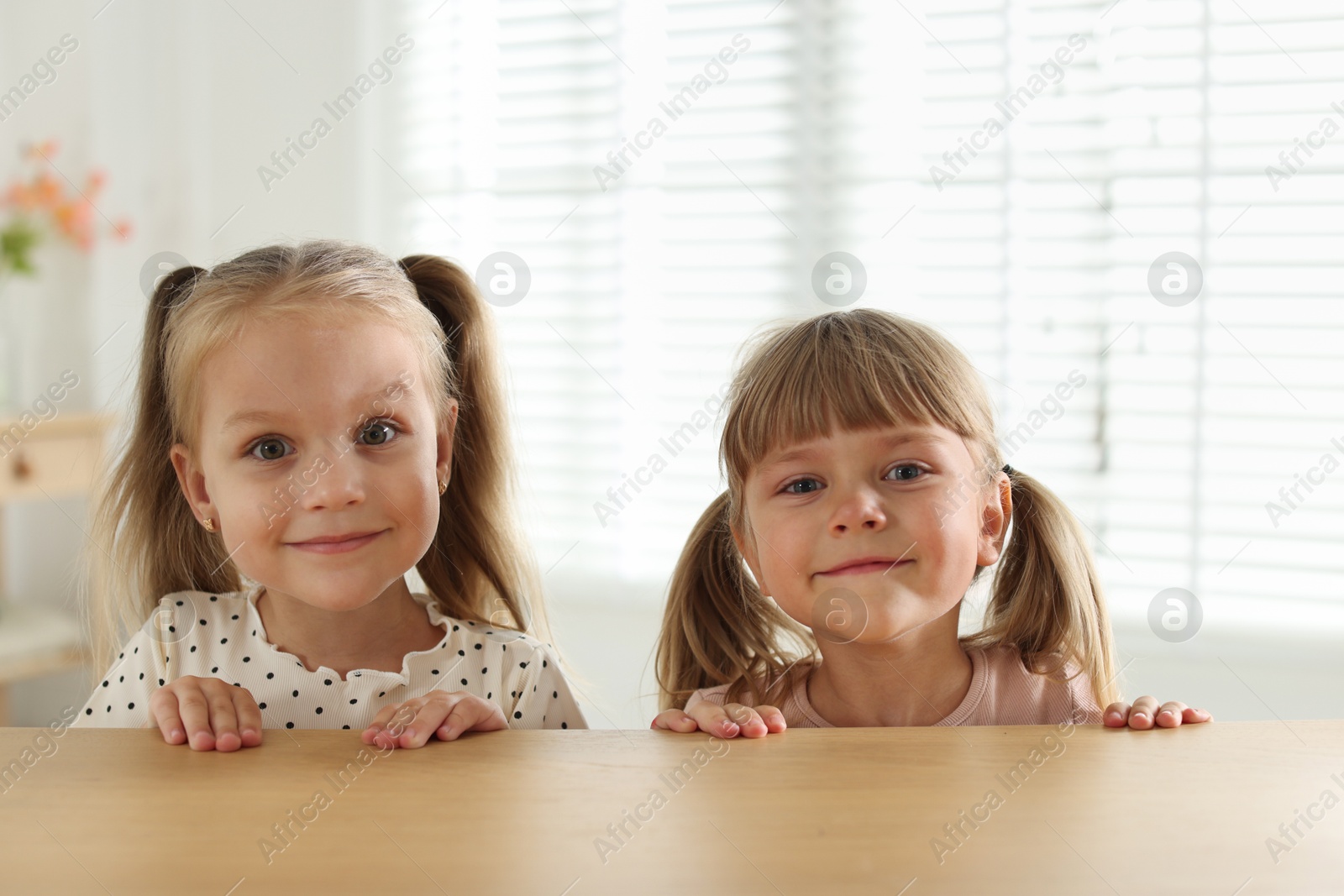 Photo of Curious little girls peeking over wooden table indoors