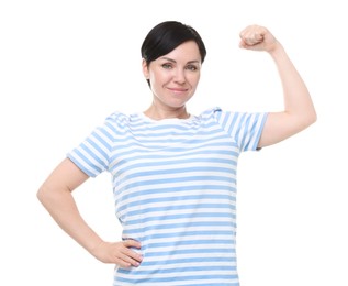 Photo of Strength. Beautiful woman showing her biceps on white background