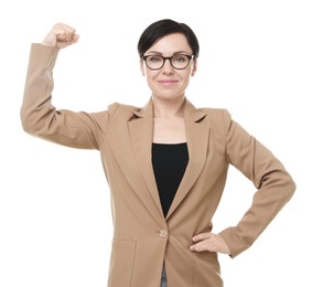 Photo of Strength. Beautiful businesswoman in glasses and suit showing her biceps on white background