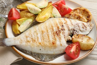 Photo of Tasty roasted flounder fish served with potatoes, tomatoes and lemon slices on light wooden table, closeup. Homemade seafood dish