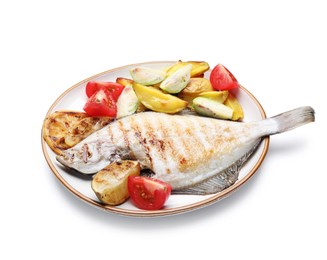 Photo of Tasty roasted flounder fish with potatoes, tomatoes and lemon slices isolated on white. Homemade seafood dish