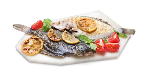 Photo of Tasty roasted flounder fish with tomatoes, basil and lemon slices isolated on white. Homemade seafood dish