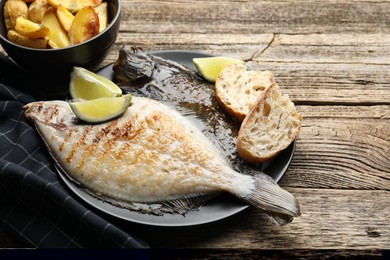 Photo of Tasty roasted flounder fish served with potatoes, bread and lime slices on wooden table, closeup. Homemade seafood dish