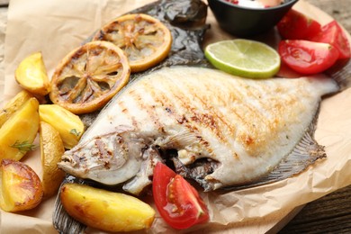 Photo of Tasty roasted flounder fish served with potatoes, tomatoes and lemon slices on wooden table, closeup. Homemade seafood dish