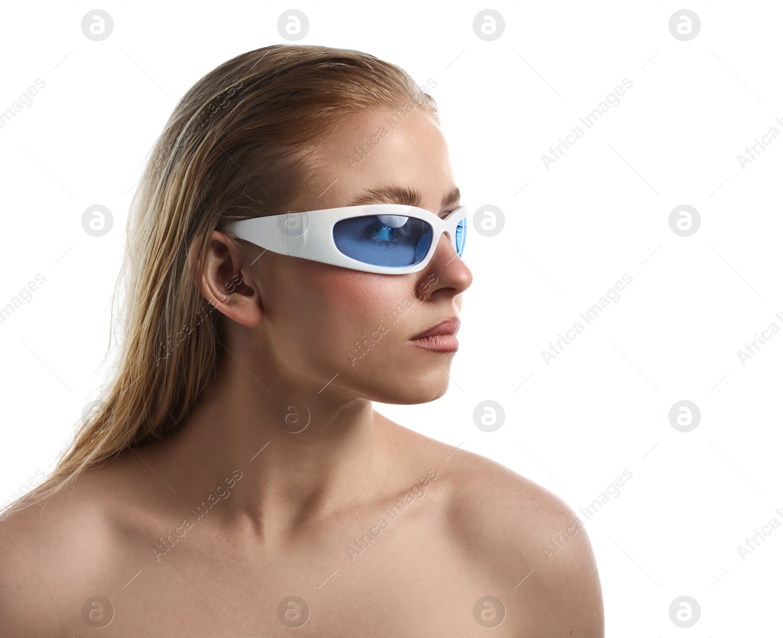 Photo of Beautiful woman in stylish sunglasses on white background