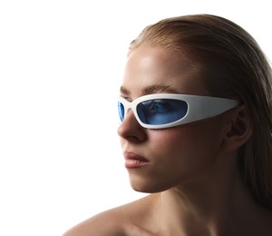 Photo of Beautiful woman in stylish sunglasses on white background