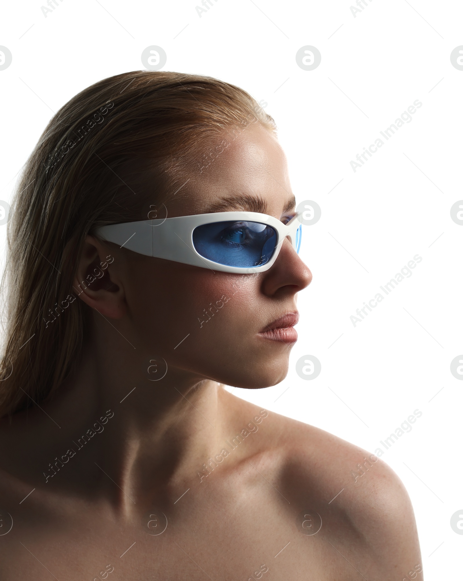 Photo of Beautiful woman in stylish sunglasses on white background