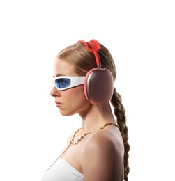 Photo of Beautiful woman in stylish sunglasses, necklace and headphones listening to music on white background