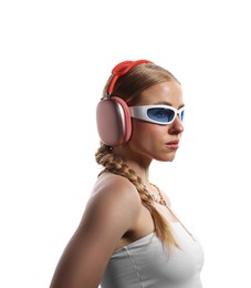 Photo of Beautiful woman in stylish sunglasses, necklace and headphones listening to music on white background
