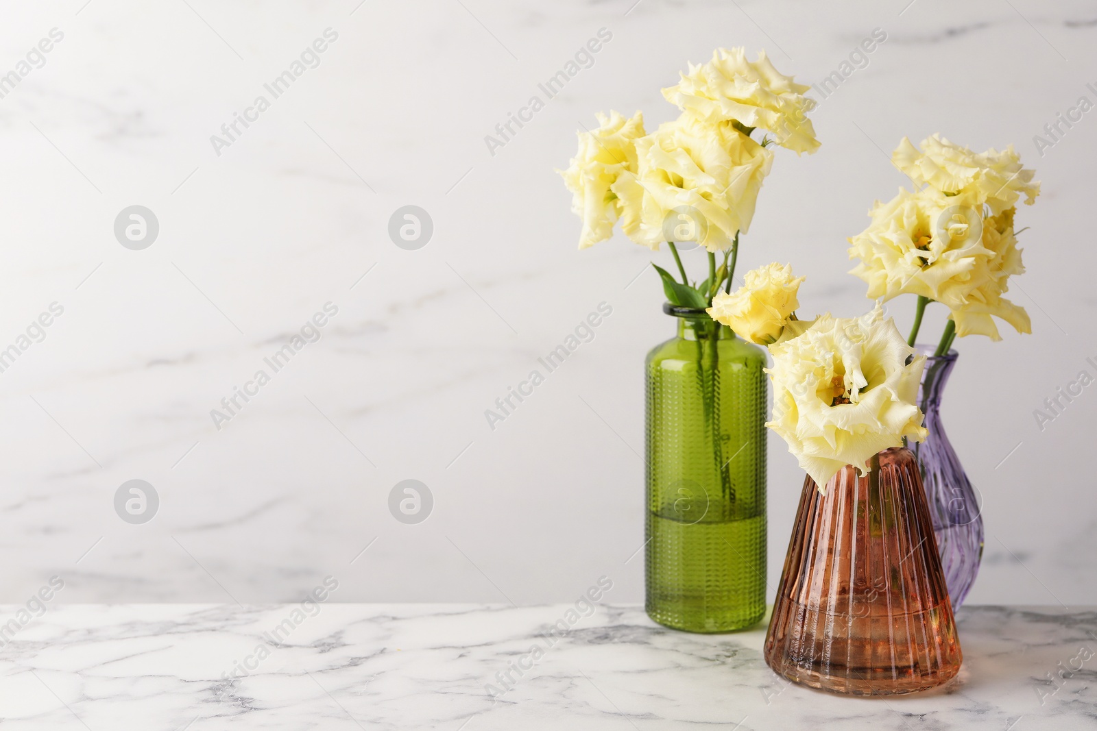 Photo of Beautiful eustoma flowers in glass vases on white marble table, space for text