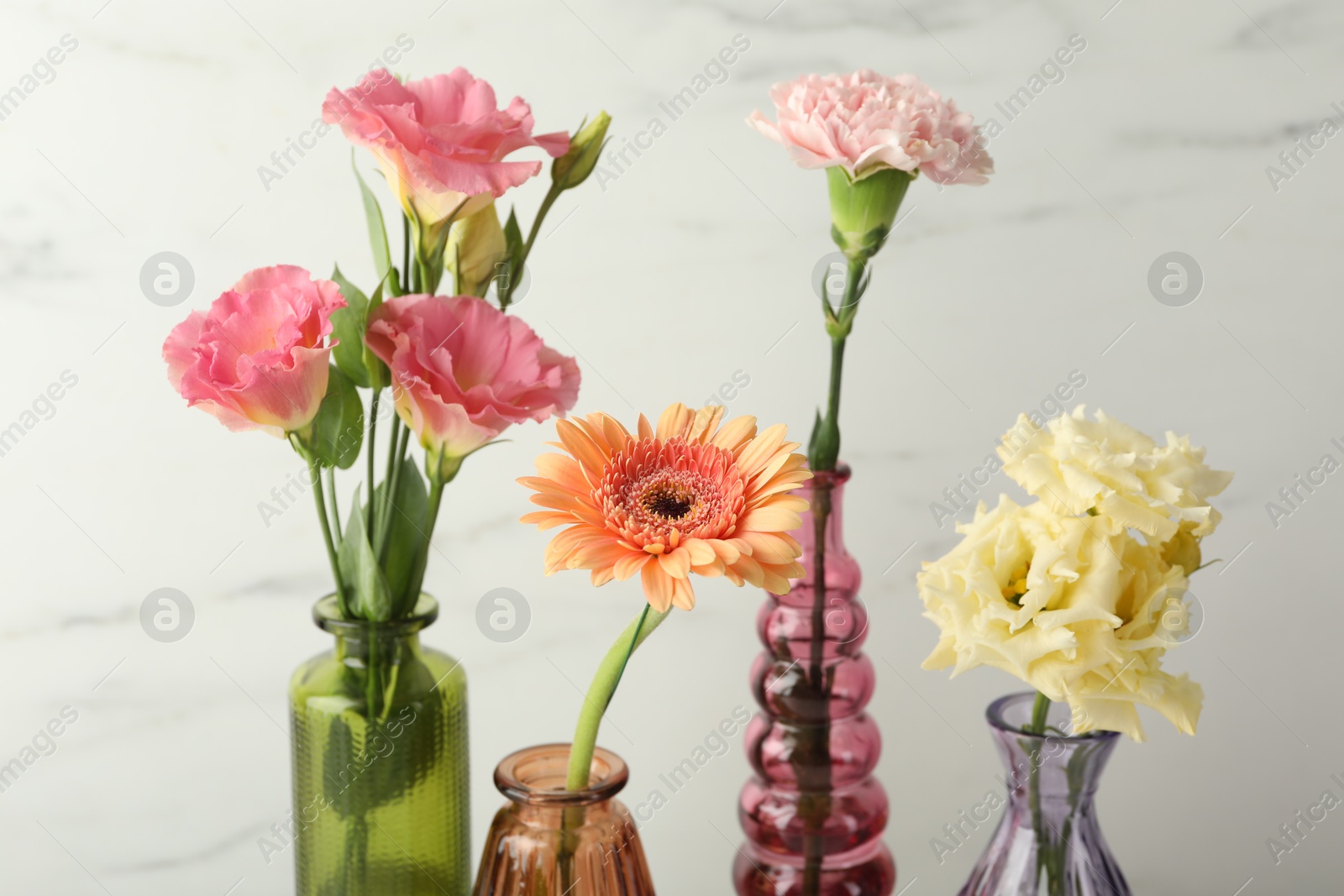 Different beautiful flowers in glass vases on white marble background, closeup Photo of Different beautiful flowers in glass vases on white marble background, closeup