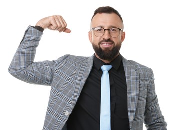 Photo of Strength. Smiling man in glasses and suit showing his biceps on white background