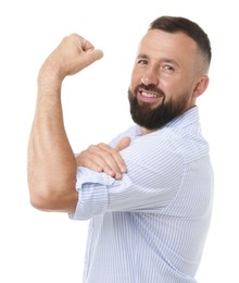Photo of Strength. Smiling man showing his biceps on white background