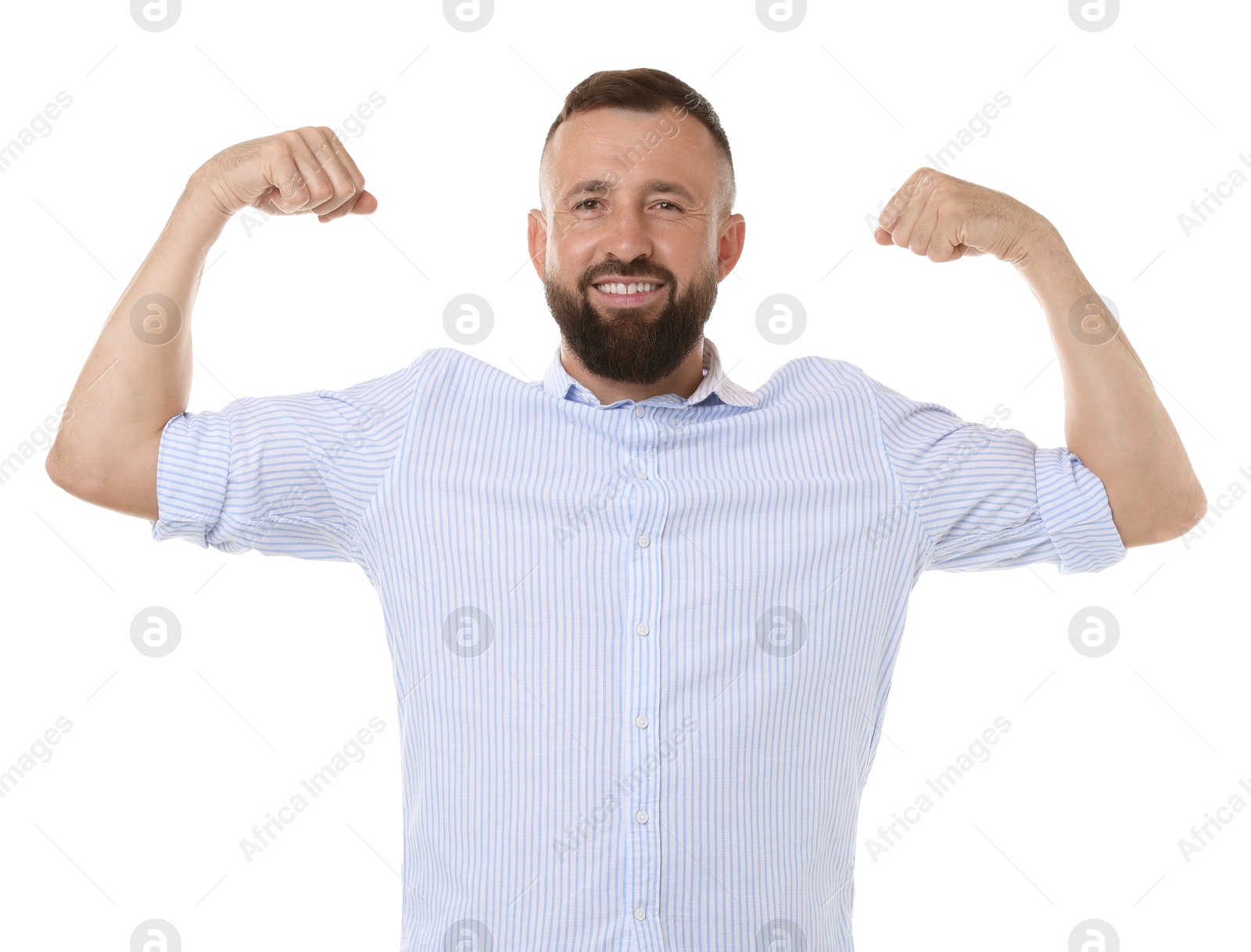 Photo of Strength. Smiling man showing his biceps on white background