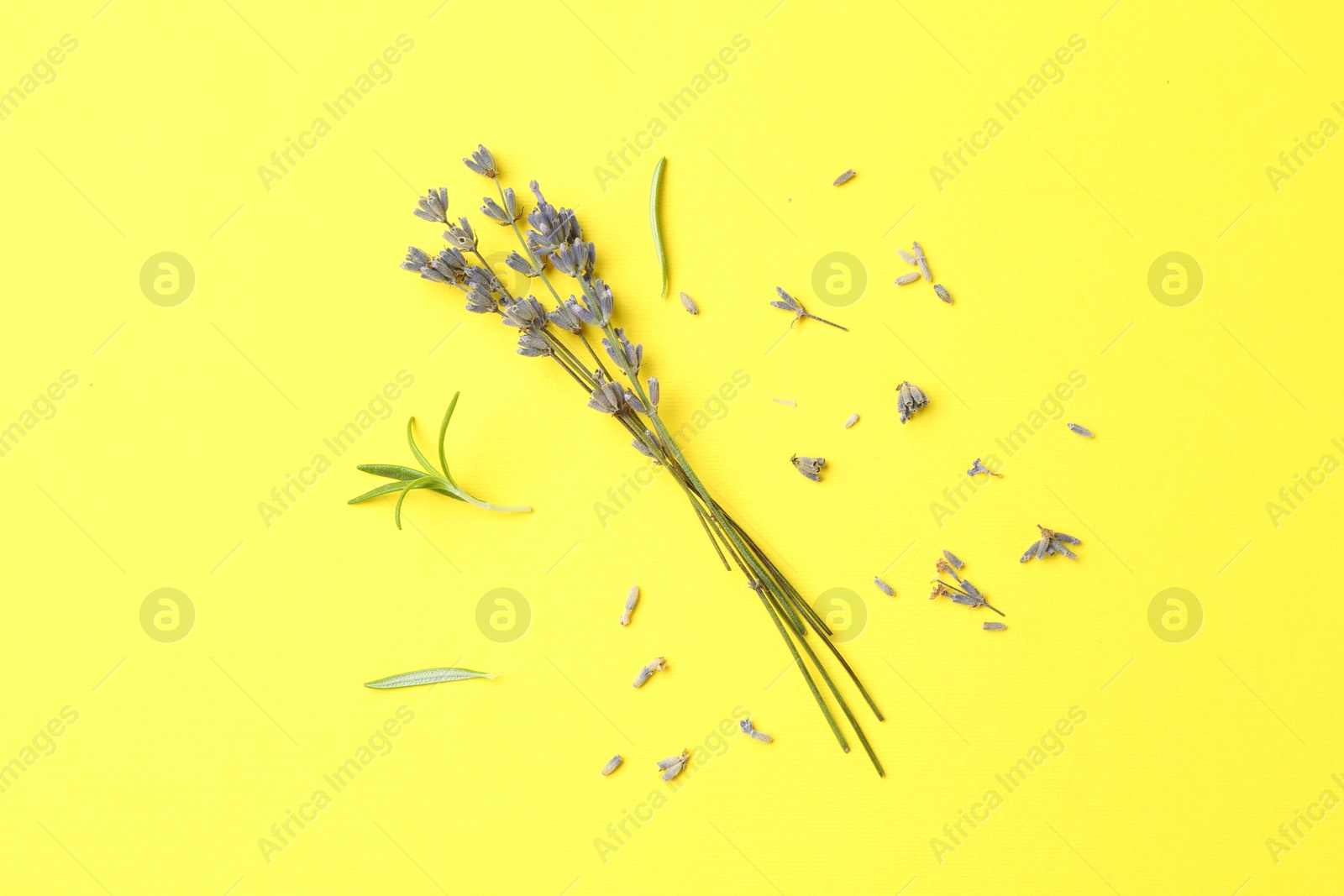Fragrant lavender flowers and leaves on yellow background, flat lay Photo of Fragrant lavender flowers and leaves on yellow background, flat lay