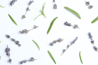 Photo of Fragrant lavender flowers and green leaves on white background, flat lay
