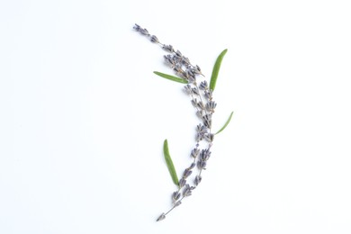 Photo of Fragrant lavender flowers and green leaves on white background, flat lay