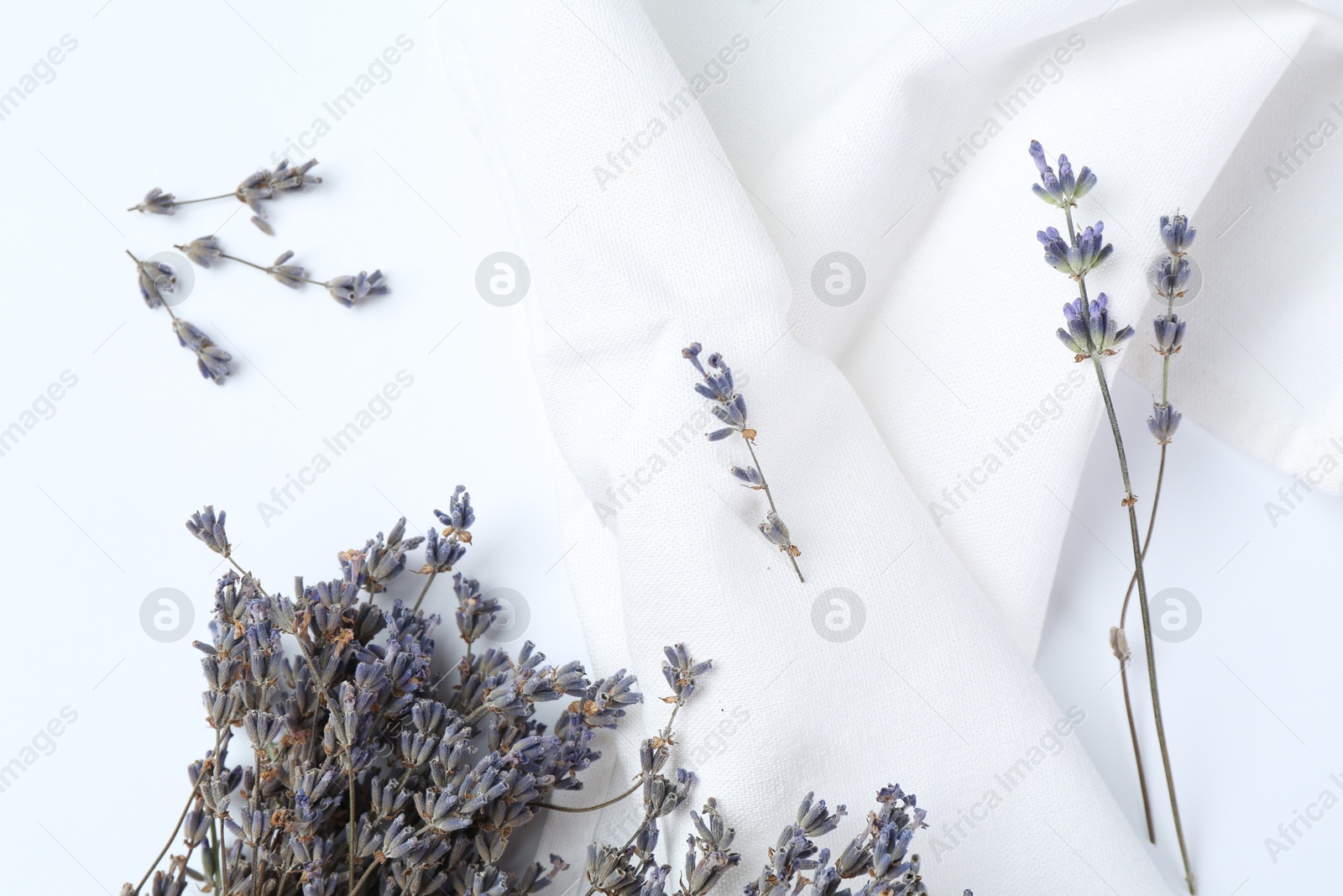 Photo of Fragrant lavender flowers on white background, flat lay