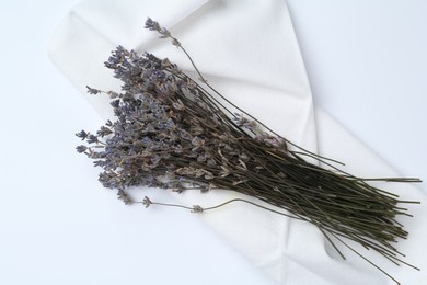 Photo of Bunch of fragrant lavender flowers on white background, flat lay