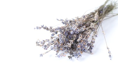 Photo of Bunch of fragrant lavender flowers on white background, closeup. Space for text