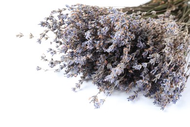 Photo of Bunch of fragrant lavender flowers on white background, closeup