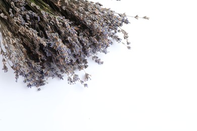 Photo of Fragrant lavender flowers on white background, top view. Space for text