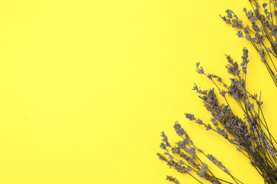 Photo of Fragrant lavender flowers on yellow background, flat lay. Space for text