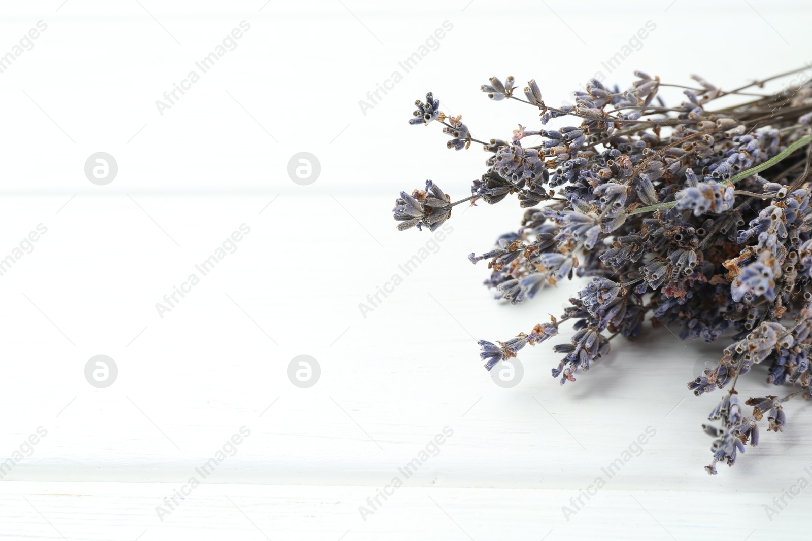 Fragrant lavender flowers on white wooden table, closeup. Space for text Photo of Fragrant lavender flowers on white wooden table, closeup. Space for text