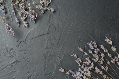Photo of Fragrant lavender flowers on black textured table, flat lay. Space for text