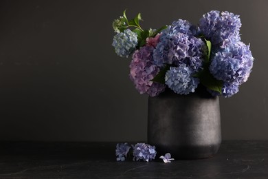 Photo of Beautiful hortensia flowers in vase on black table. Space for text