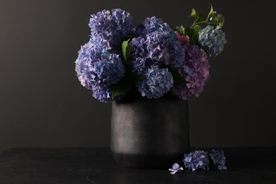 Photo of Beautiful hortensia flowers in vase on black table