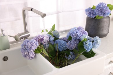 Photo of Bouquets of beautiful blue hortensia flowers in kitchen