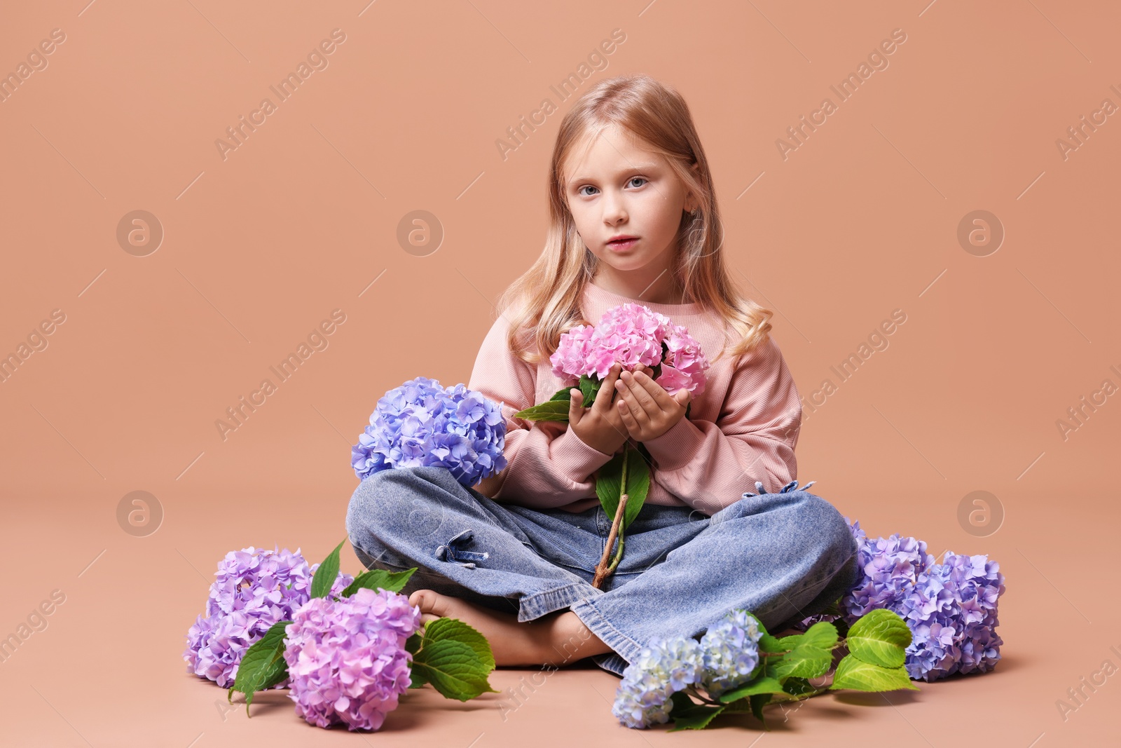 Beautiful little girl with hortensia flowers on beige background Photo of Beautiful little girl with hortensia flowers on beige background