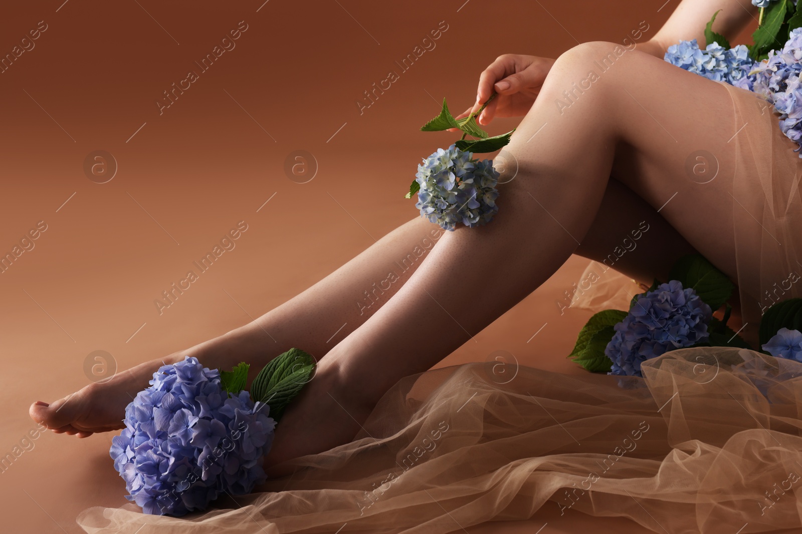 Woman with hortensia flowers and cloth on brown background, closeup Photo of Woman with hortensia flowers and cloth on brown background, closeup