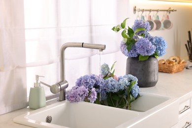 Photo of Bouquets of beautiful blue hortensia flowers in kitchen