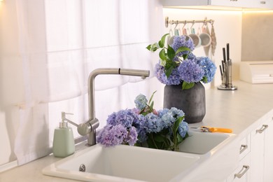 Photo of Bouquets of beautiful blue hortensia flowers in kitchen