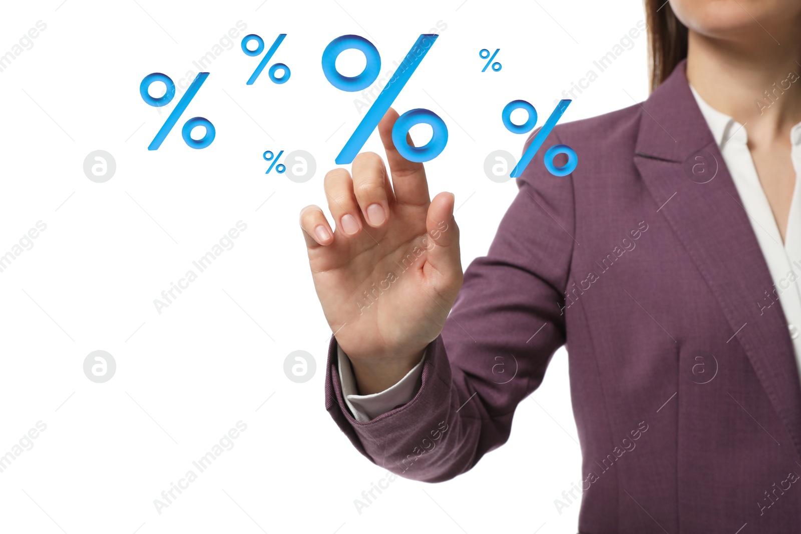 Business woman touching virtual percent sign against white background, closeup Image of Business woman touching virtual percent sign against white background, closeup