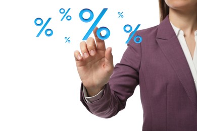 Image of Business woman touching virtual percent sign against white background, closeup