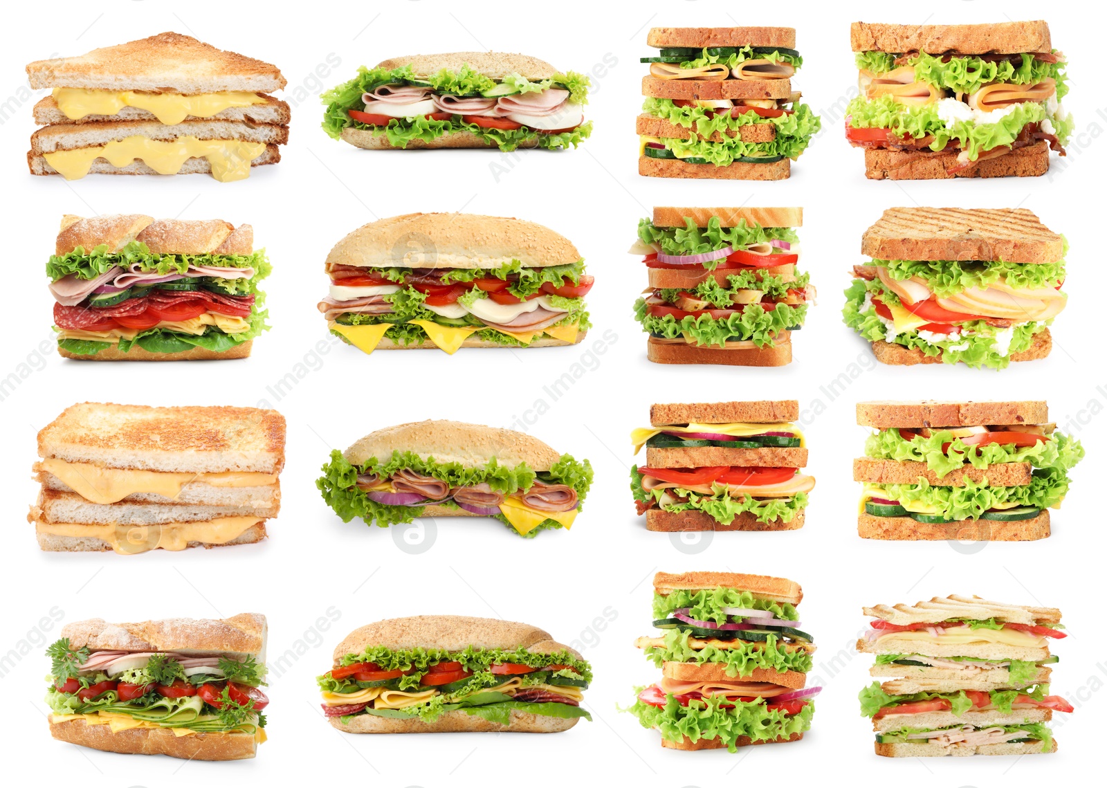 Image of Many tasty sandwiches isolated on white, set