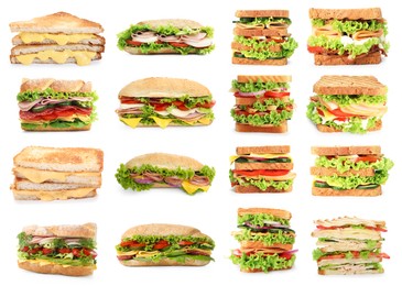 Image of Many tasty sandwiches isolated on white, set