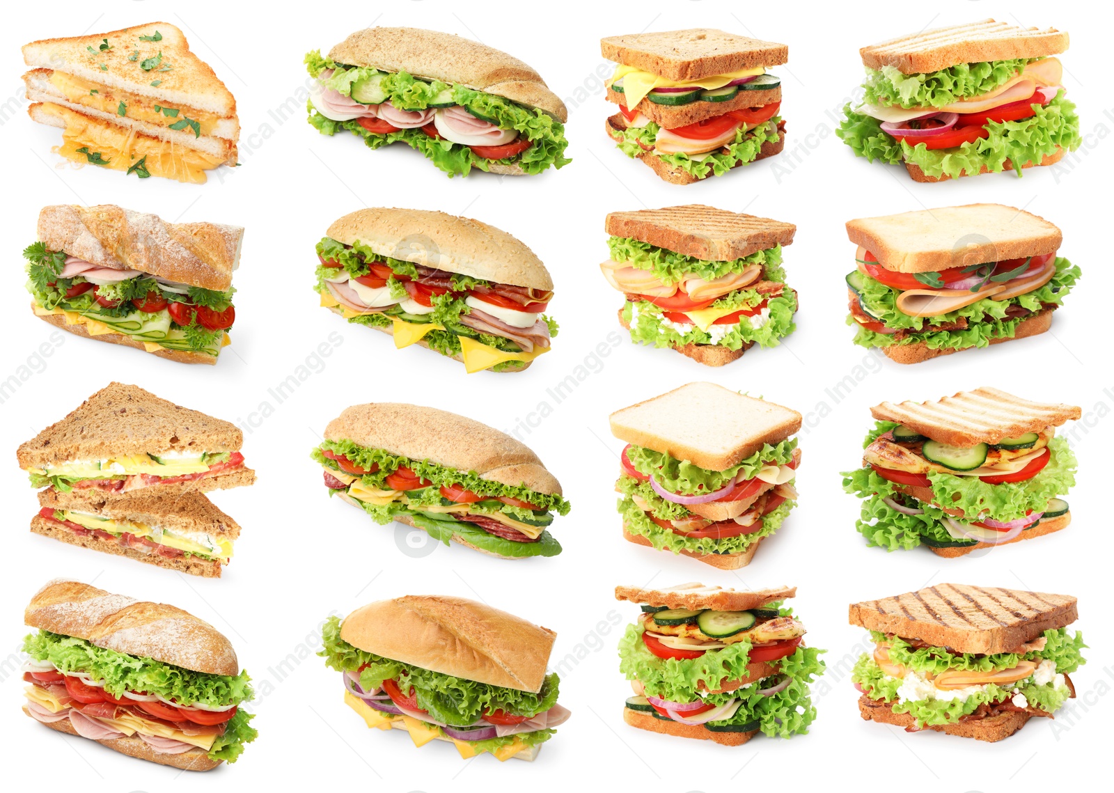 Many tasty sandwiches isolated on white, set Image of Many tasty sandwiches isolated on white, set