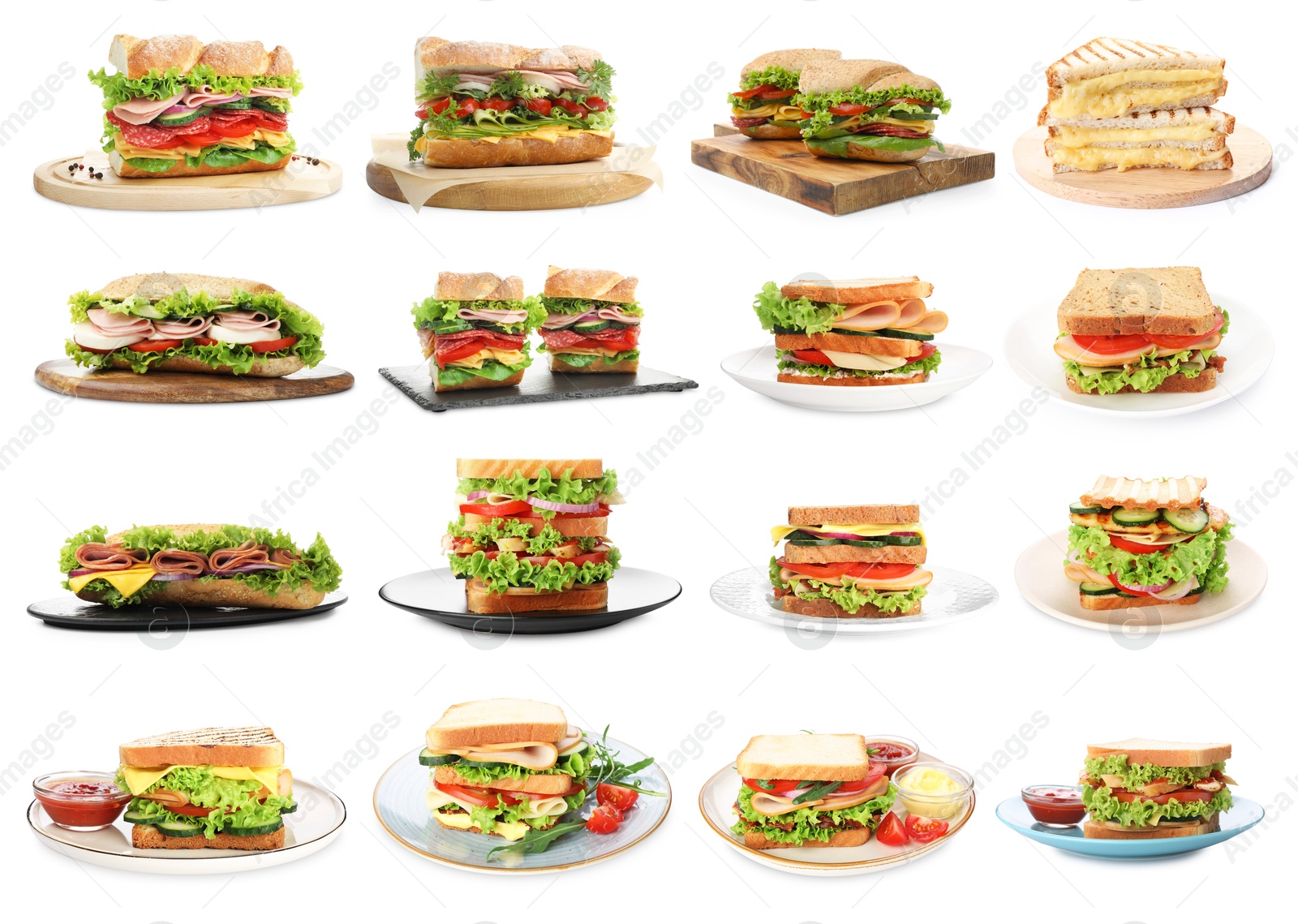 Many tasty sandwiches isolated on white, set Image of Many tasty sandwiches isolated on white, set