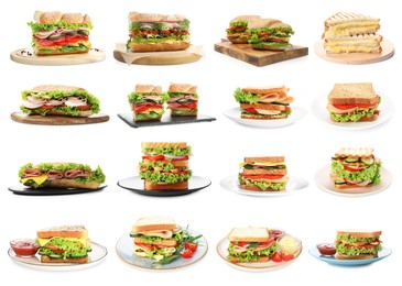 Image of Many tasty sandwiches isolated on white, set