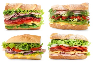 Image of Many tasty sandwiches isolated on white, set