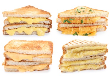 Image of Tasty sandwiches with cheese isolated on white, set