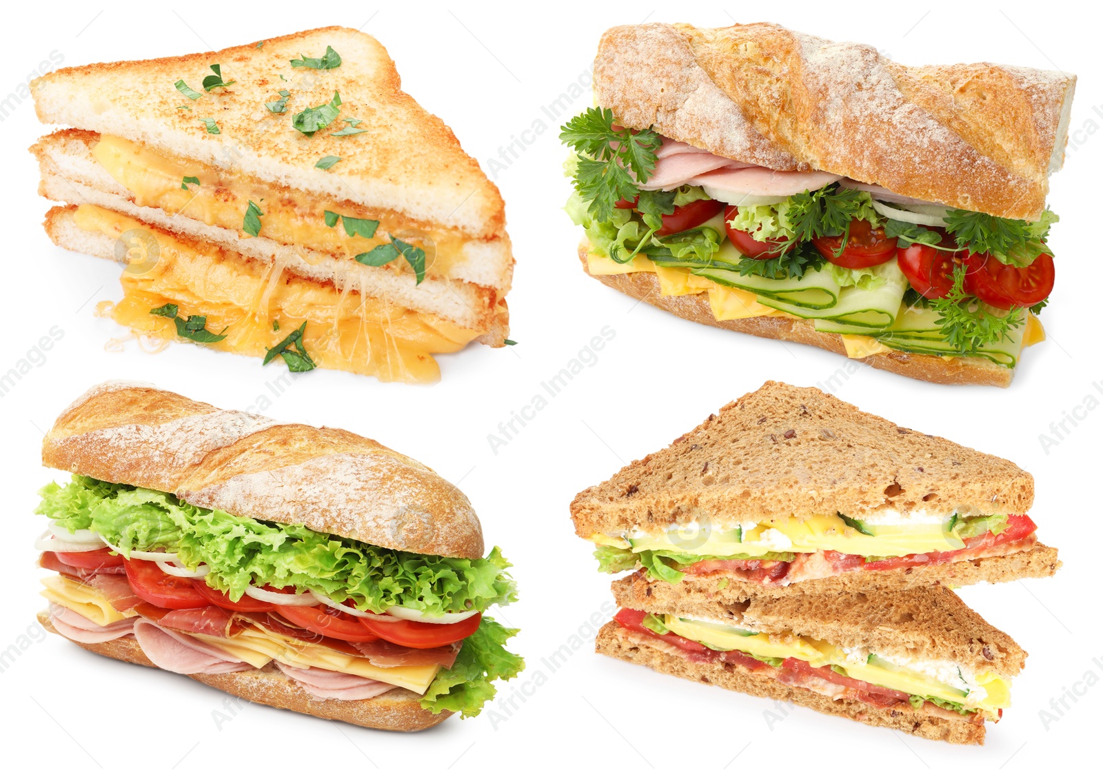 Many tasty sandwiches isolated on white, set Image of Many tasty sandwiches isolated on white, set