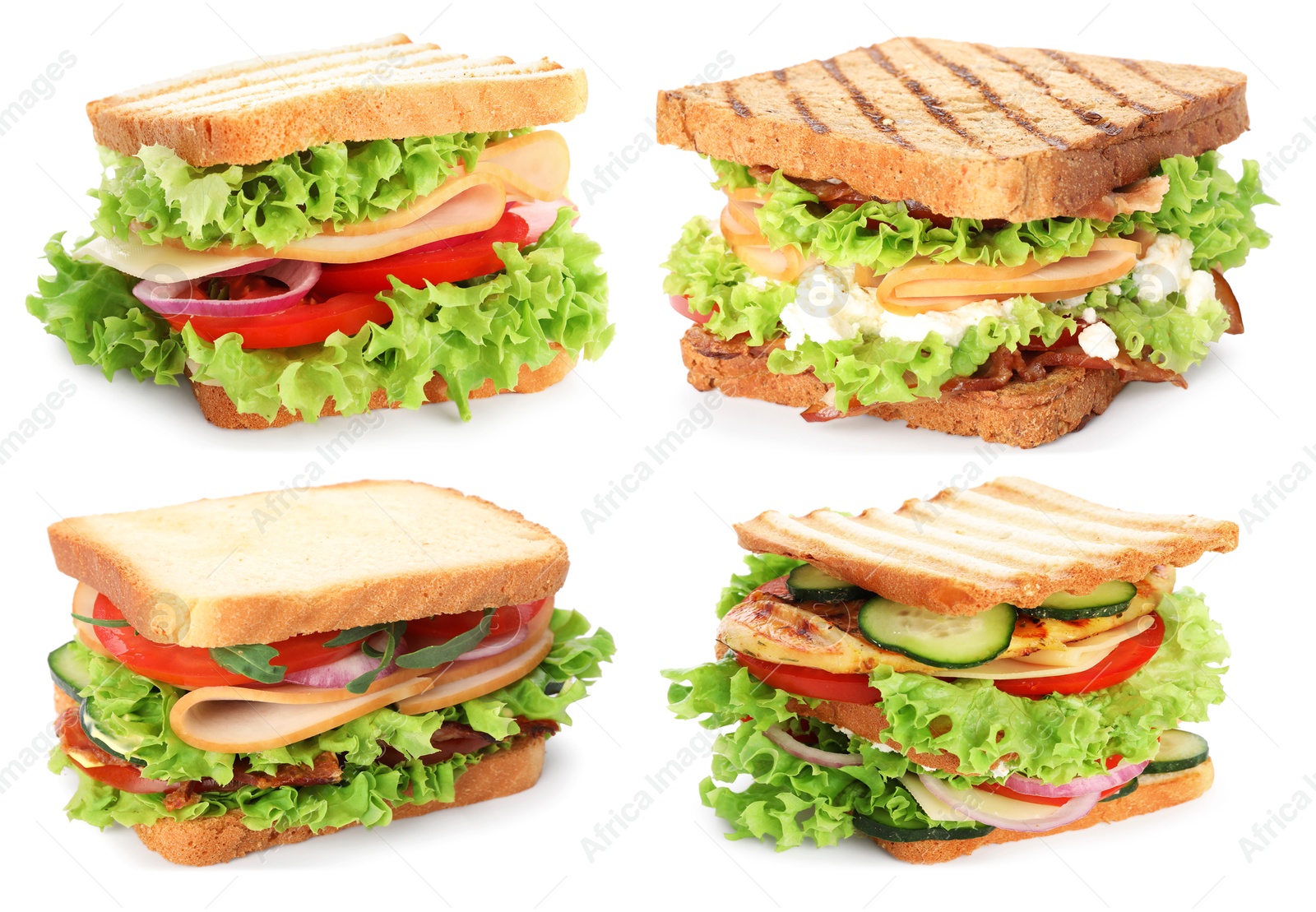Many tasty sandwiches isolated on white, set Image of Many tasty sandwiches isolated on white, set