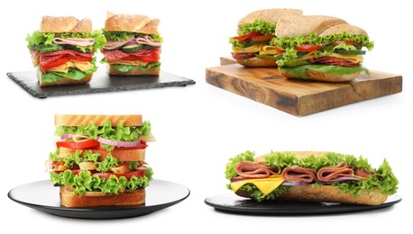 Image of Many tasty sandwiches isolated on white, set