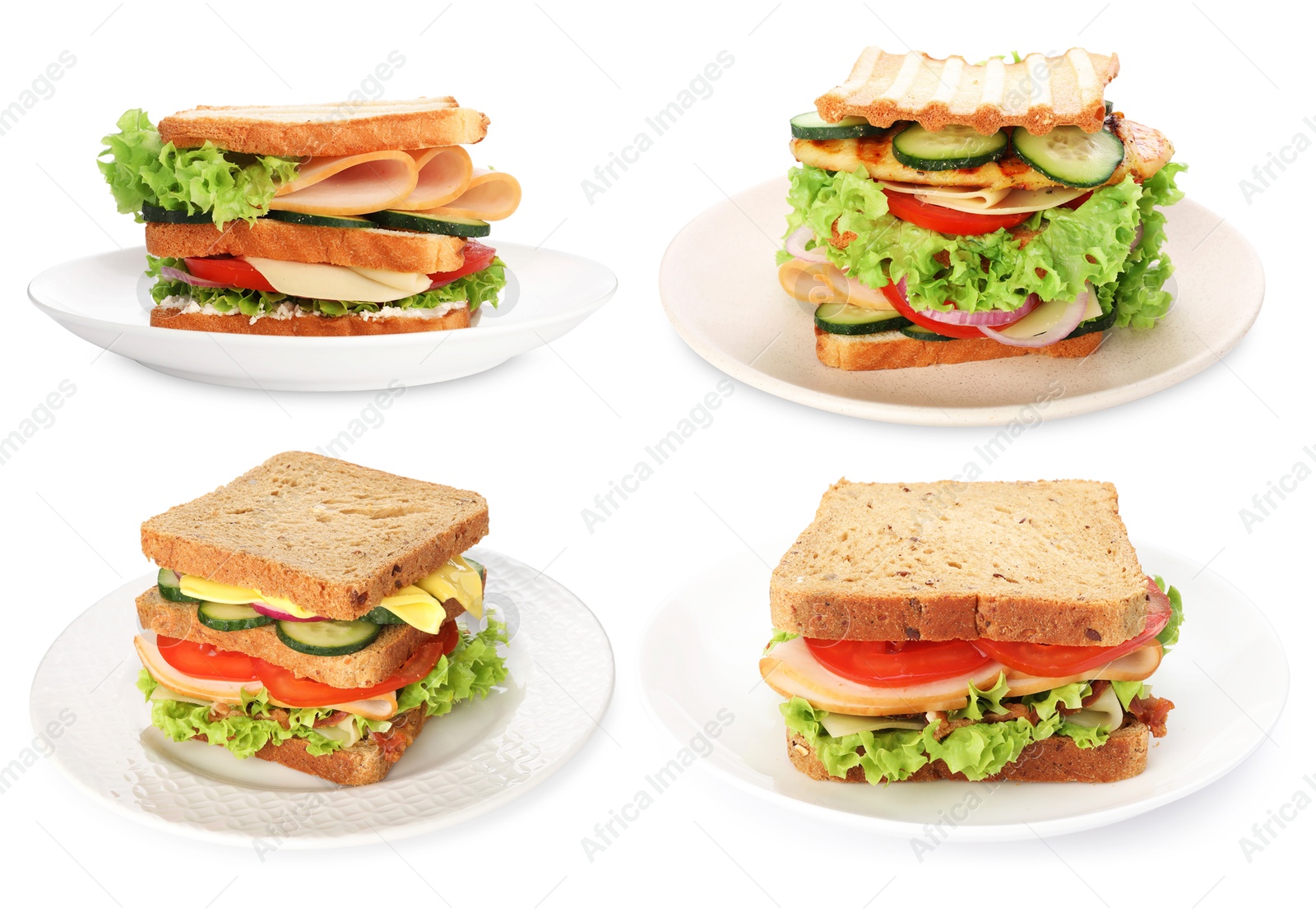 Many tasty sandwiches isolated on white, set Image of Many tasty sandwiches isolated on white, set