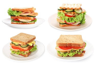 Image of Many tasty sandwiches isolated on white, set